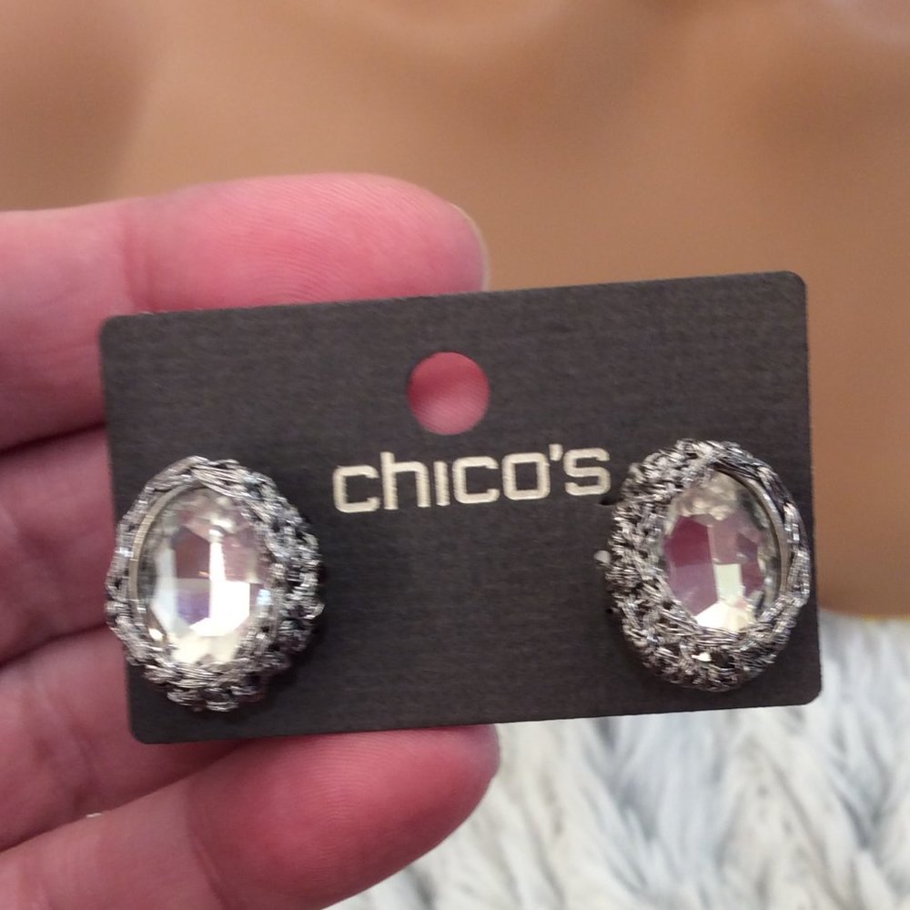 Chico silver & rhinestone large button / stud earrings.  NWT
